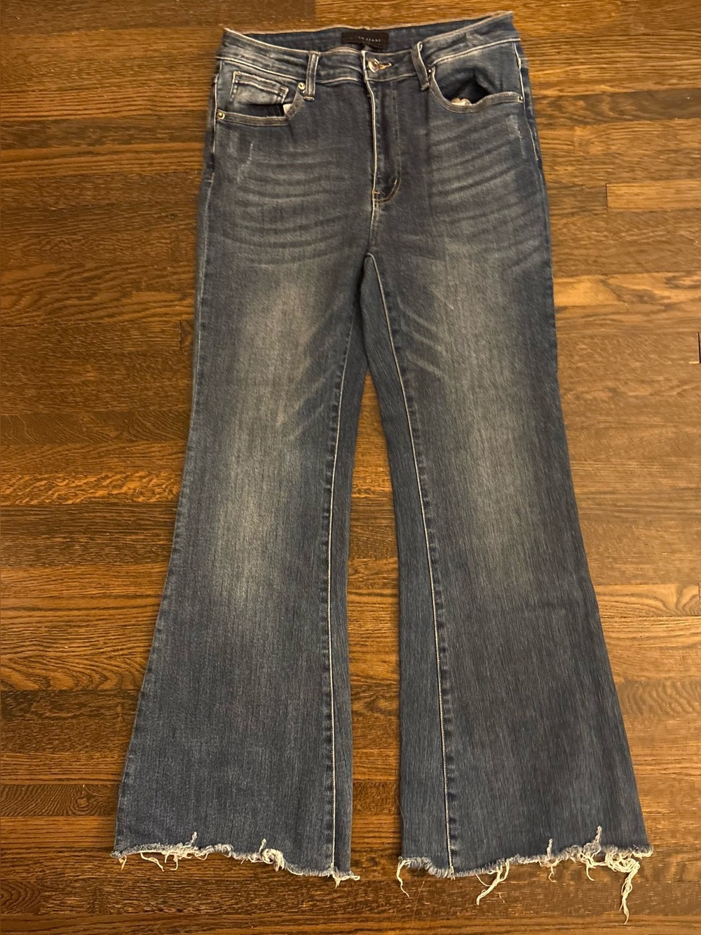 Risen Women’s Dark Blue Flared Jeans with Distressed Hem 11/30